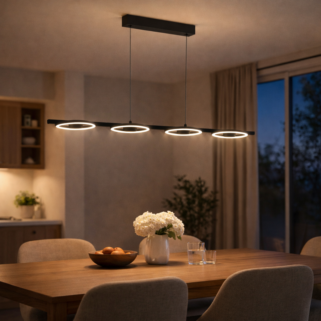 Suspension LED noire avec quatre points lumineux en forme linéaire