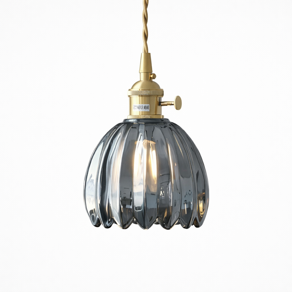 Retro Hanglamp met Koperen Frame en Bloemvormig Glas