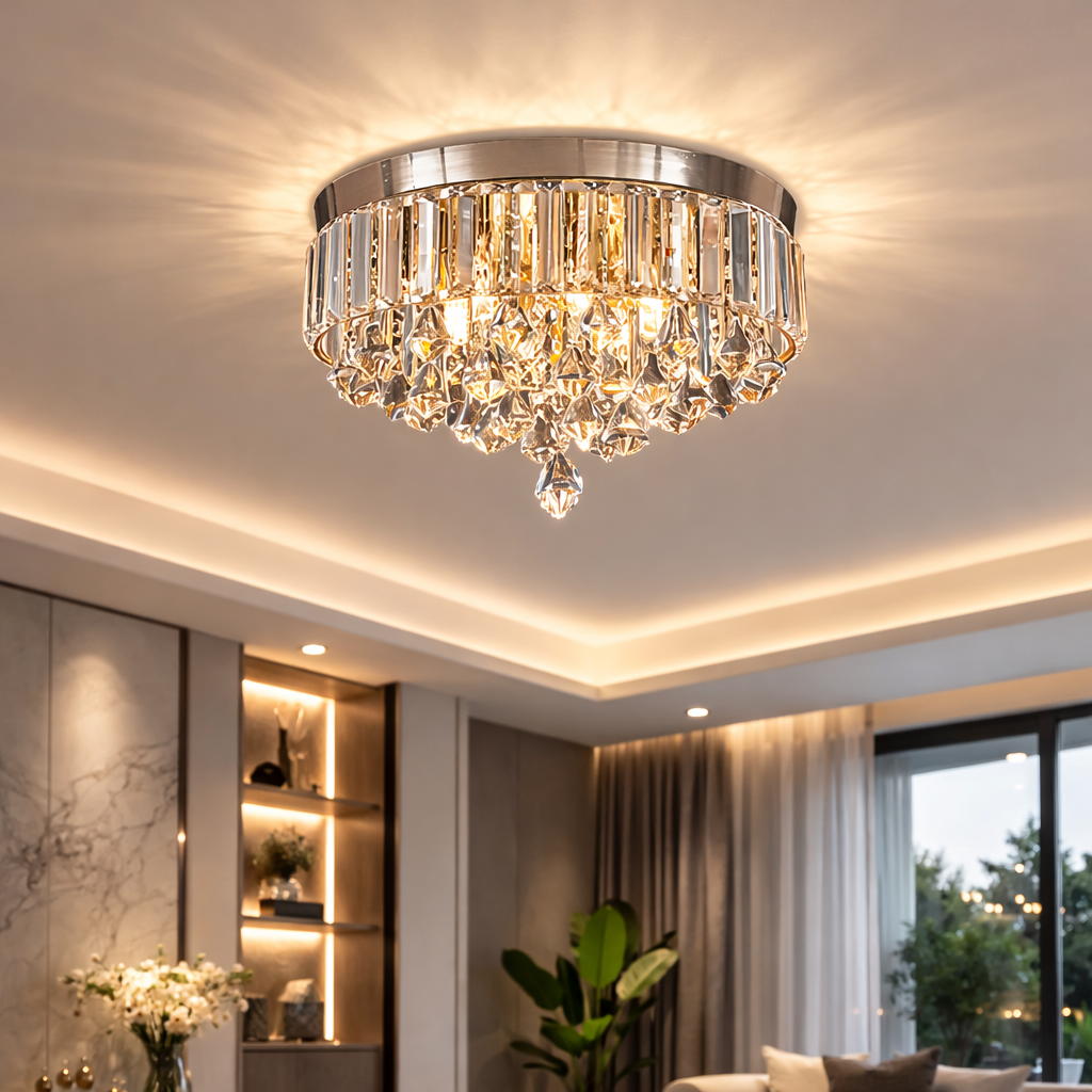 Moderne opbygget loftlampe med krystalfinish