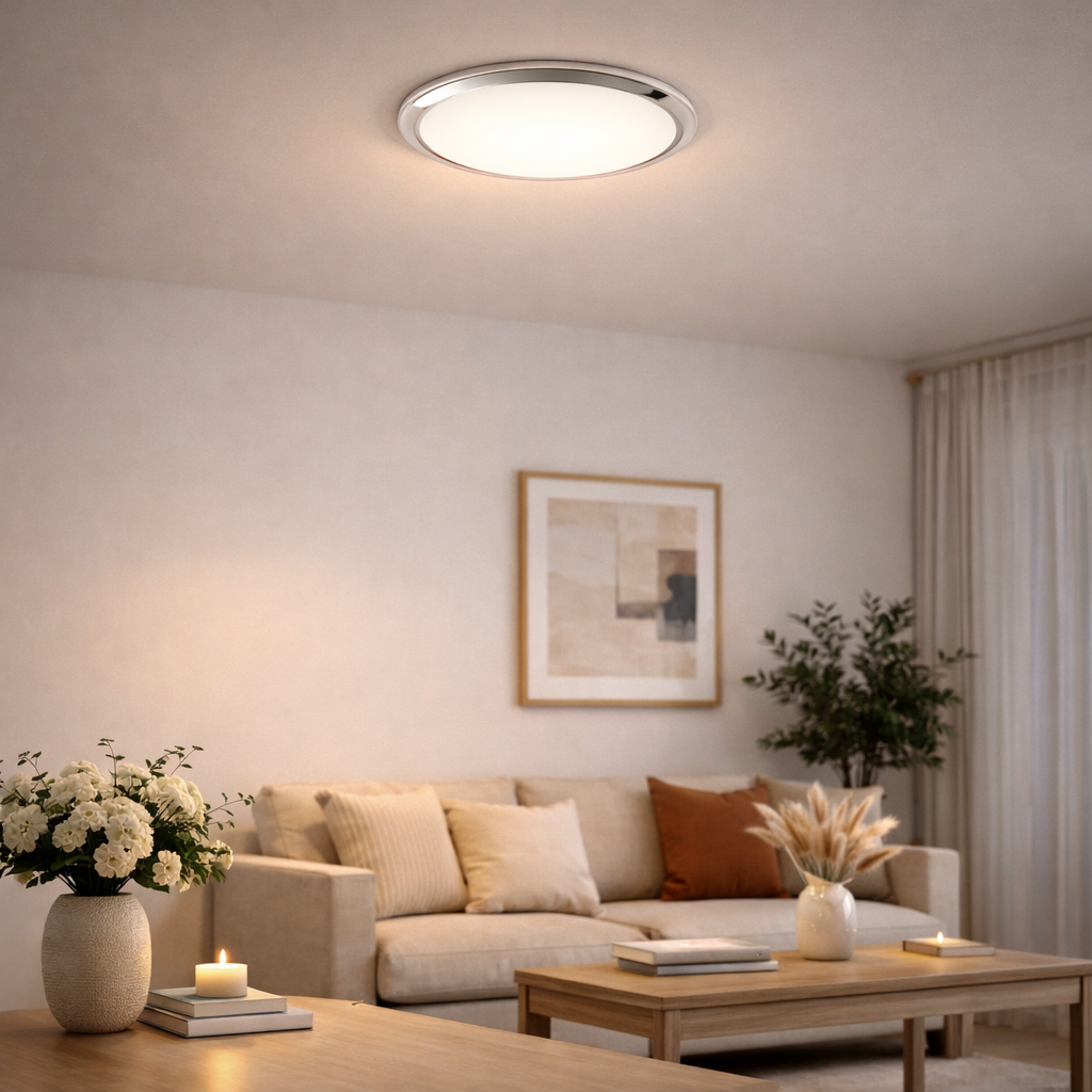 Rund LED-loftlampe med kromfinish
