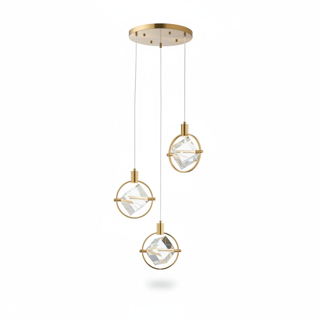 Hollywood Cube 3 Light Pendant Gold - Side Angle View