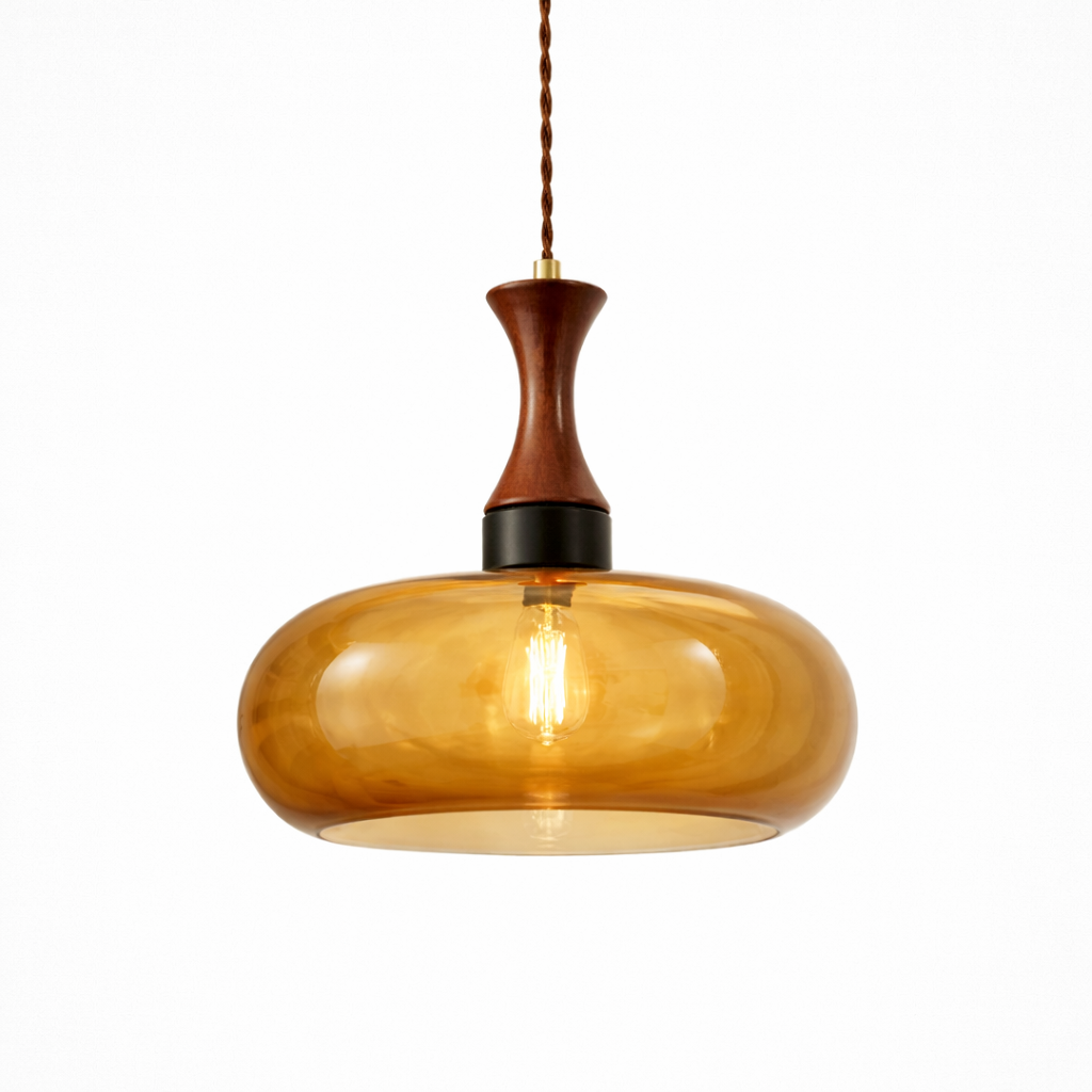 Vintage Hanglamp Met Amberkleurige Glazen Kap