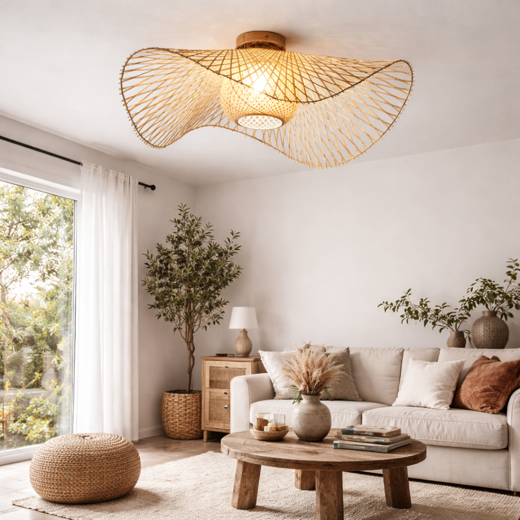 Ceiling Lamp With Woven Shade In Natural Style
