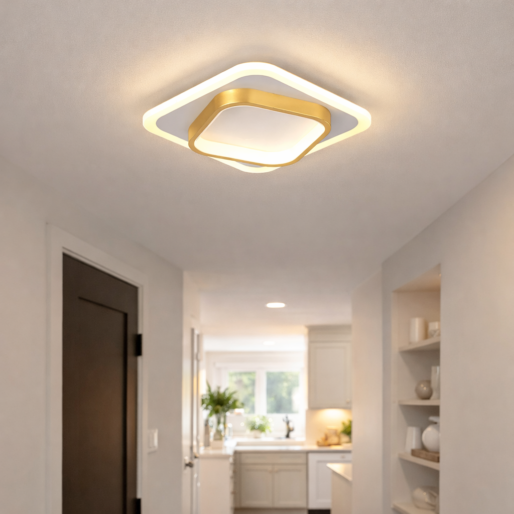 Square LED indoor lighting with golden glow
