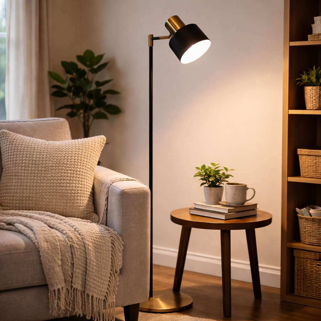 Vloerlamp Met Zwarte Basis En Koperen Lampkop