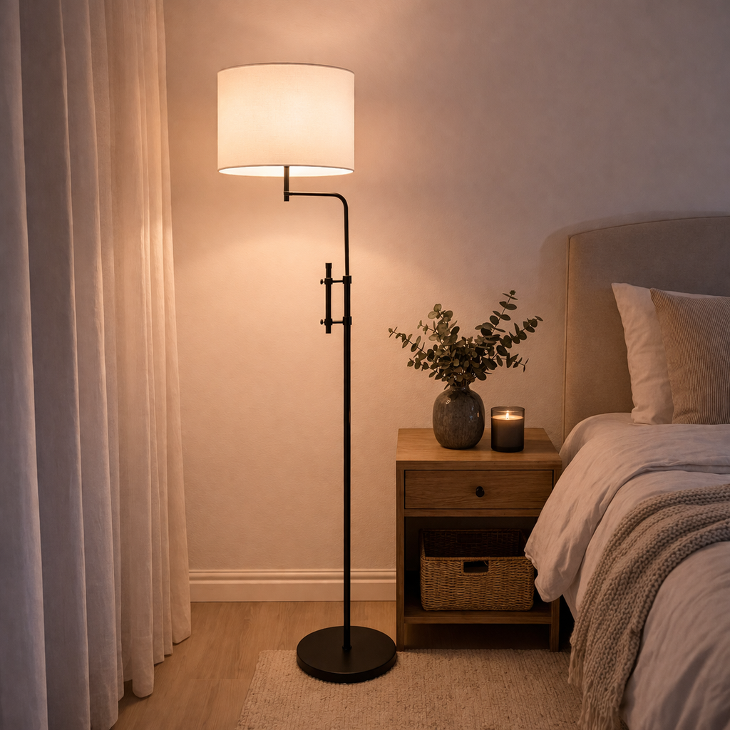 Black Floor Lamp With Natural Lampshade And Standing Base