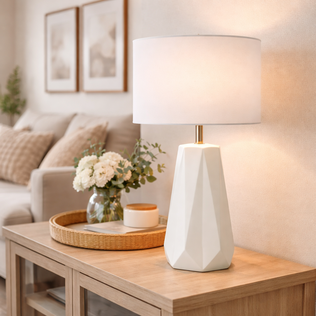 Lampe De Table Avec Base Mat Blanche Et Abat-jour En Tissu