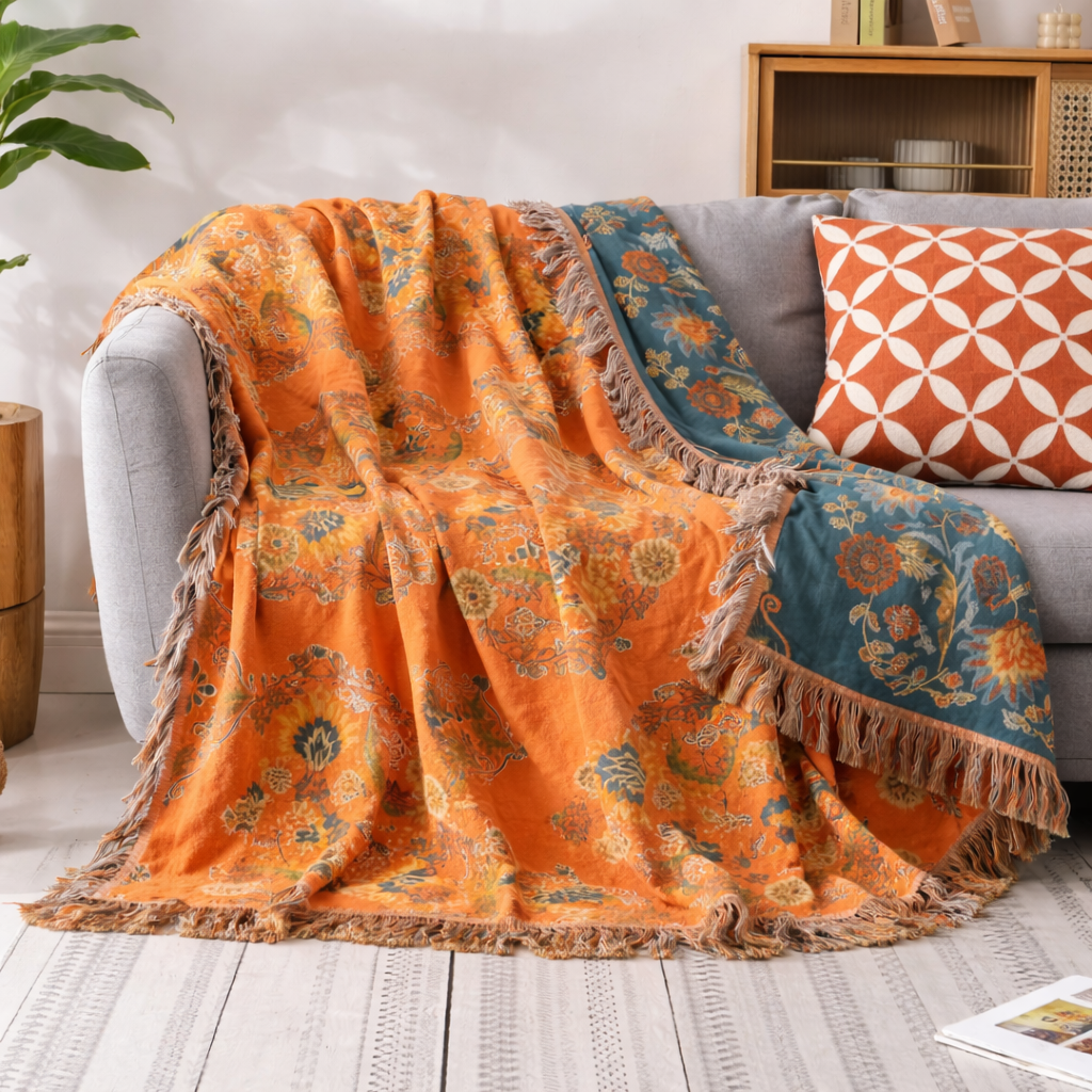 Vendbar dekorationsplaid med morgenfruemotiv