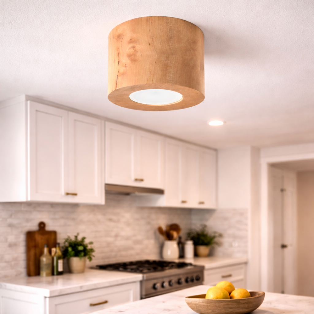 Spot de plafond avec détail en bois et faisceau lumineux ciblé