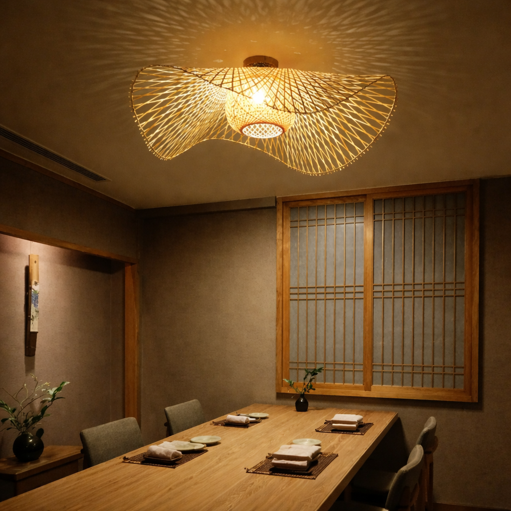 Ceiling Lamp With Woven Shade In Natural Style
