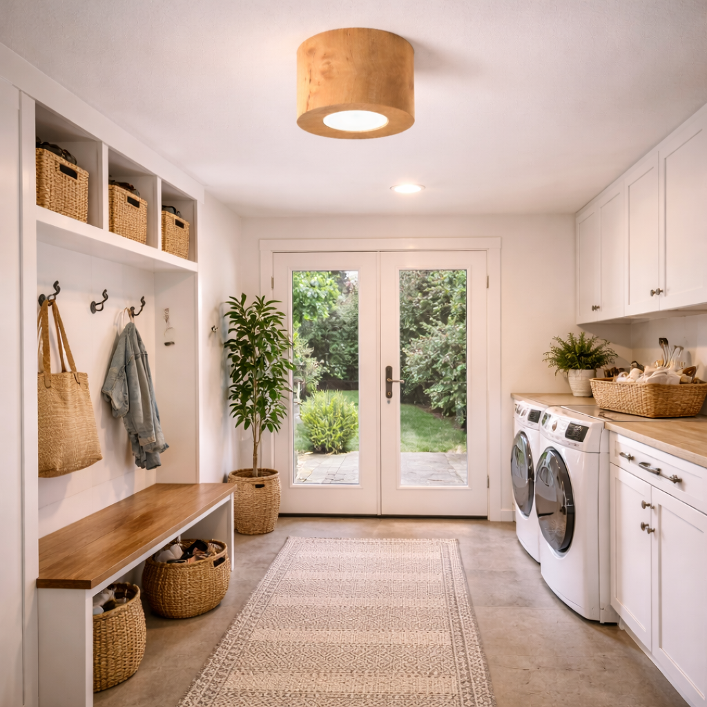 Spot de plafond avec détail en bois et faisceau lumineux ciblé