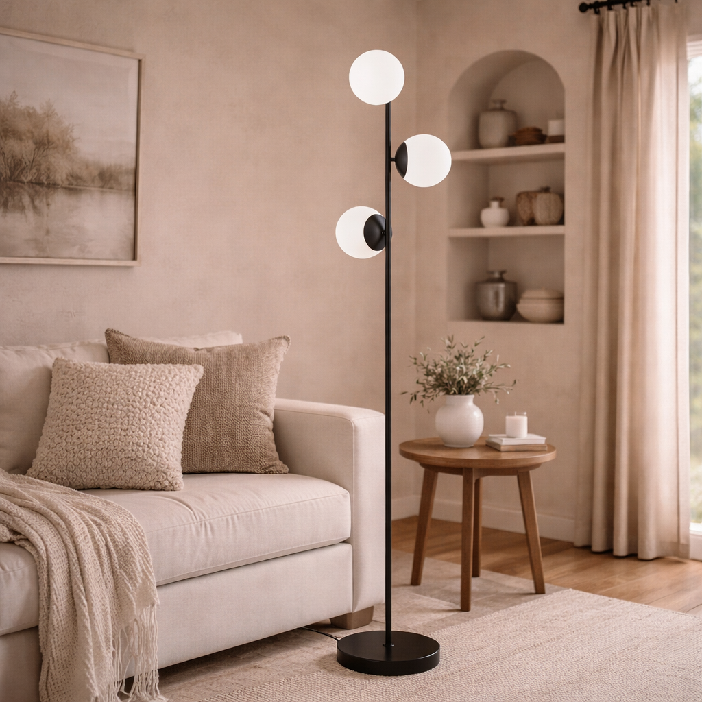 Lampadaire avec bras arqués élancés et abat-jour moderne