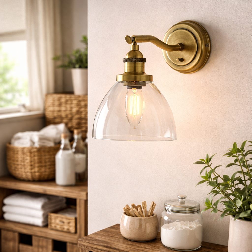 Wandlamp Met Gebogen Glazen Kap En Messing Afwerking