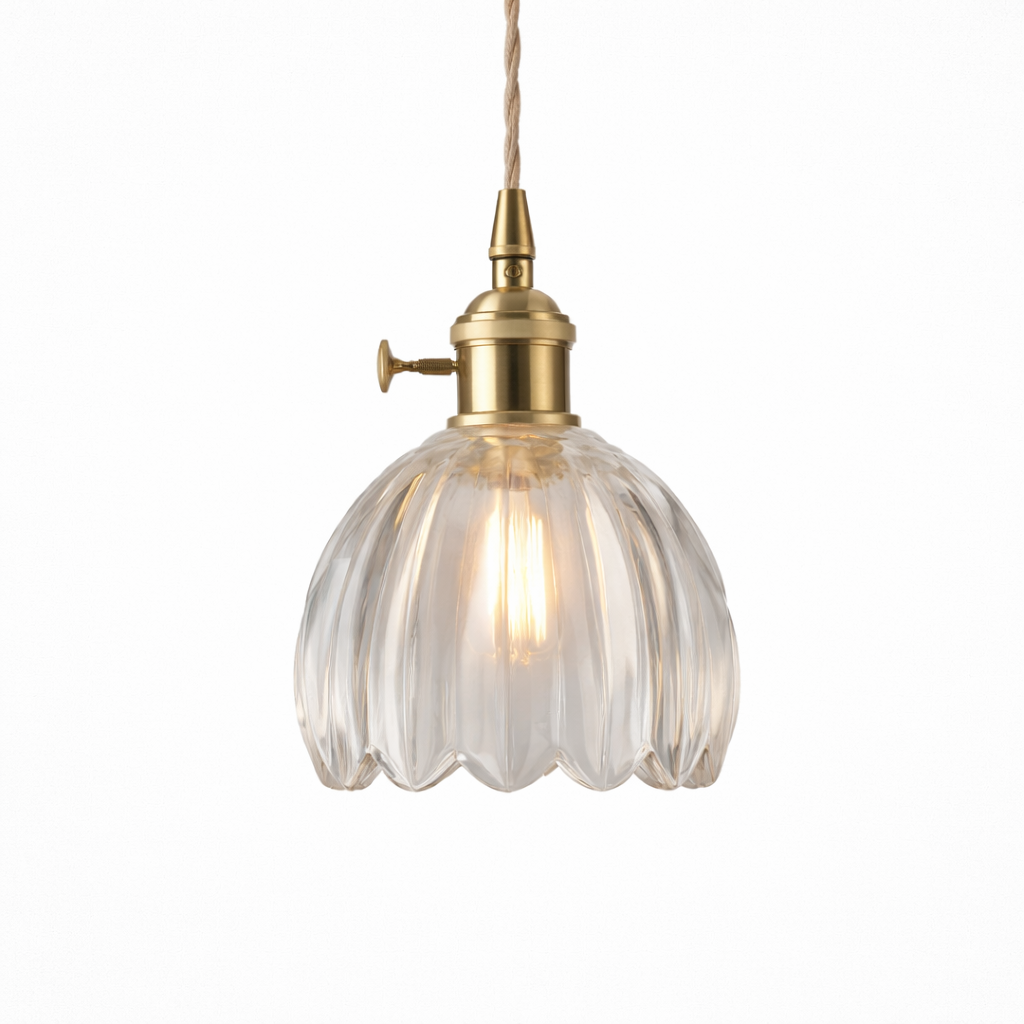 Retro Hanglamp met Koperen Frame en Bloemvormig Glas