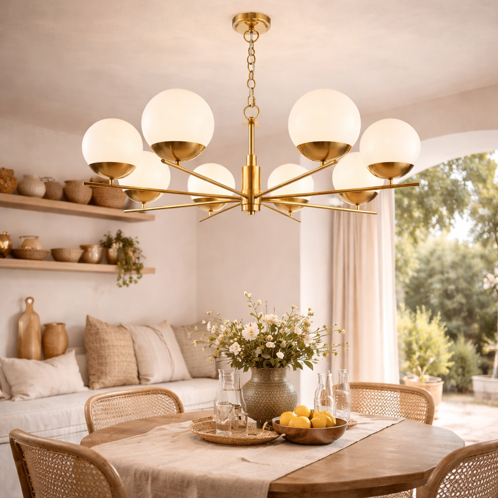 Suspension avec huit globes en verre et finition laiton
