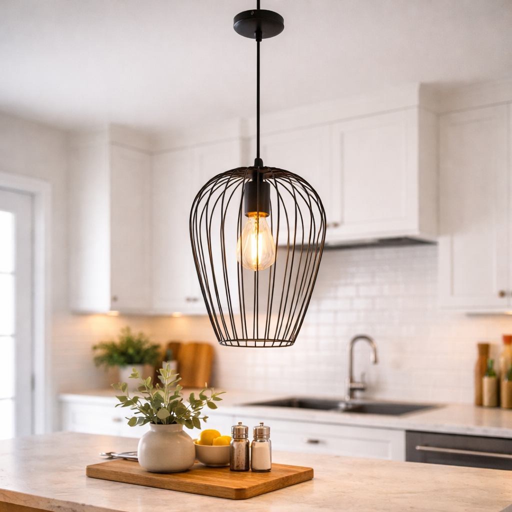 Black Pendant Lamp With Organically Shaped Wire Shade