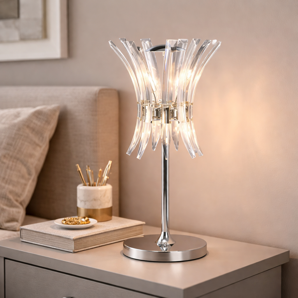 Lampe de table avec quatre points lumineux et finition chromée brillante