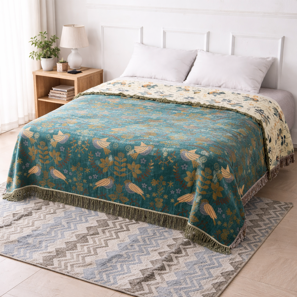 Vendbar plaid med skandinavisk fugledesign