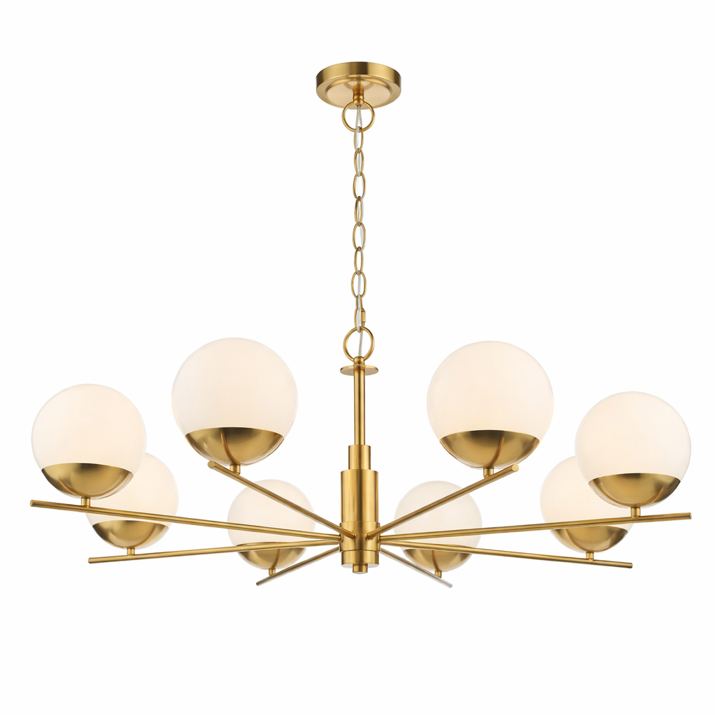 Suspension avec huit globes en verre et finition laiton