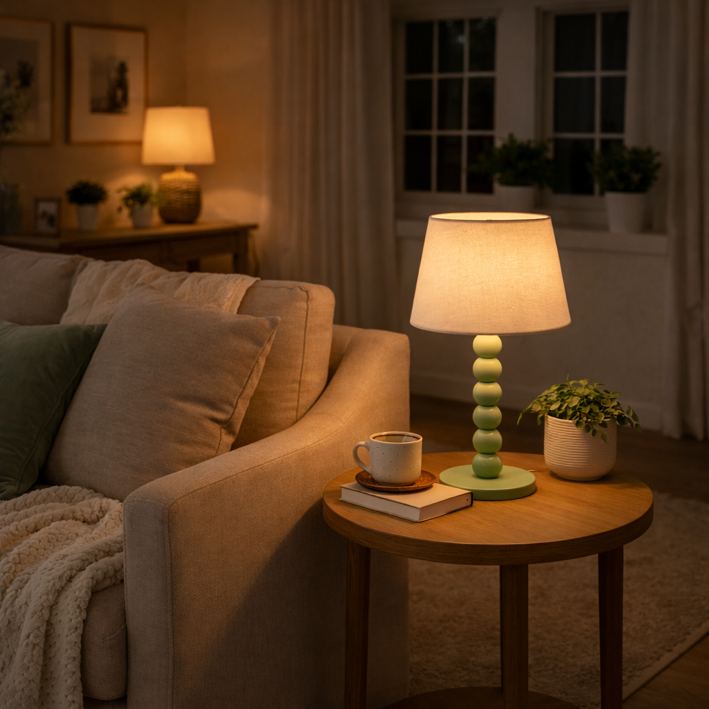Bordlampe Med Kugleformet Skærm I Elfenbensfarve