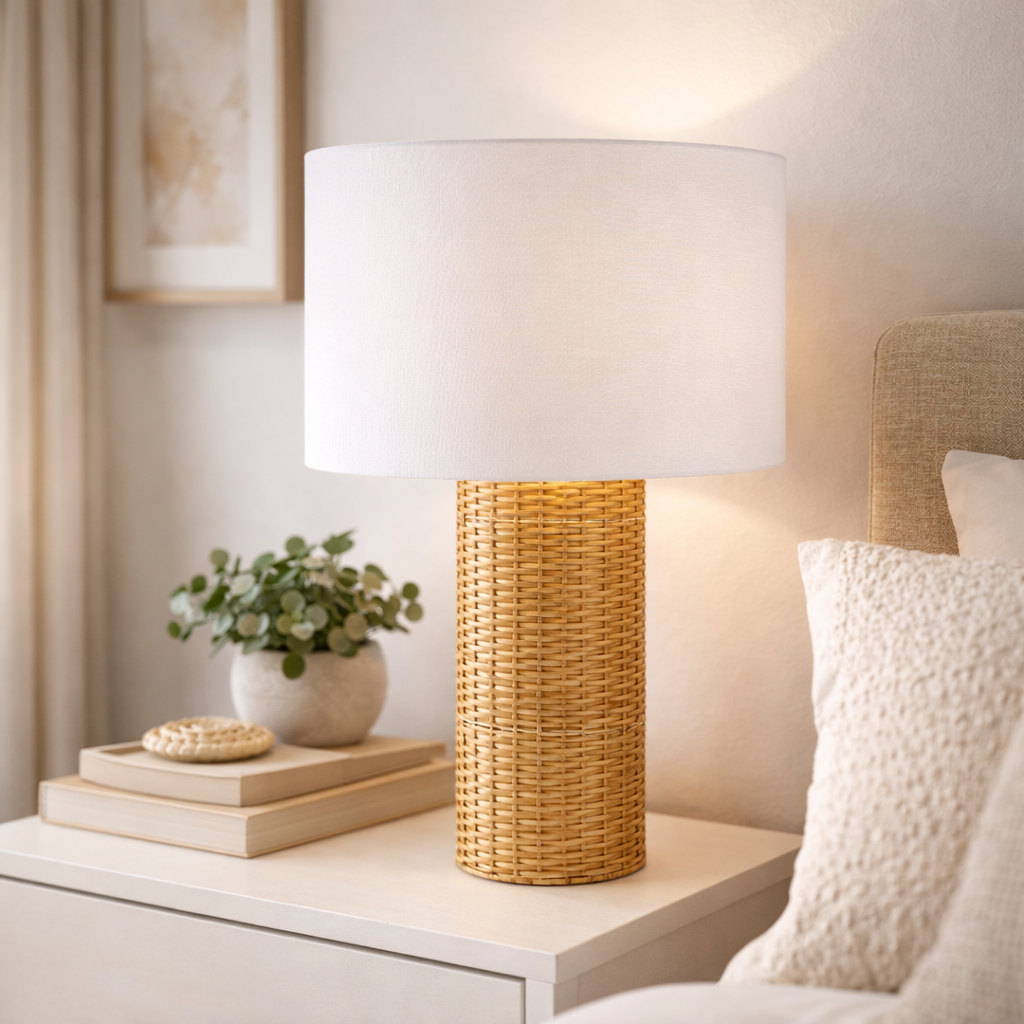 Grande lampe de table en rotin style bohème 65 cm