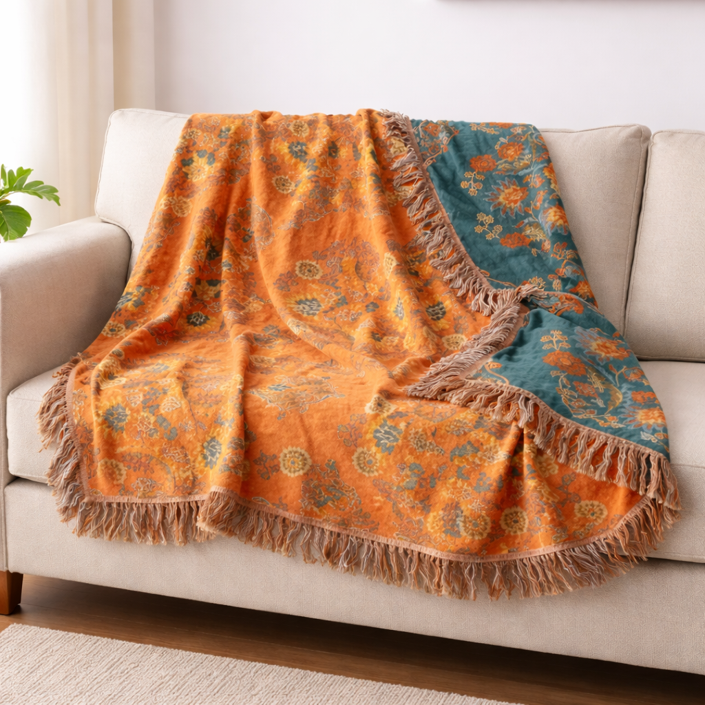 Vendbar dekorationsplaid med morgenfruemotiv