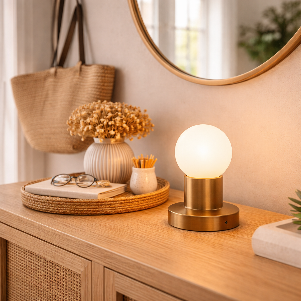 Genopladelig Bordlampe Med Messingfinish Og Opal Skærm