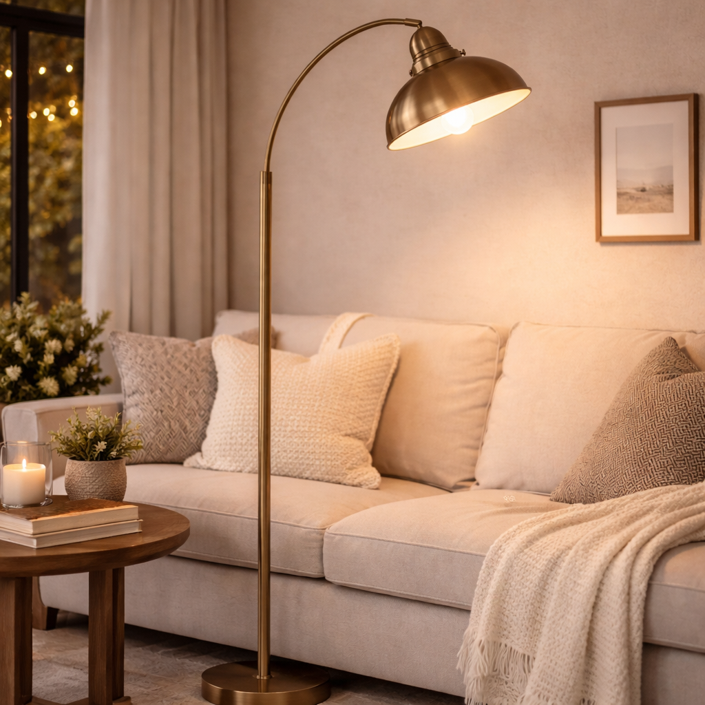 Vloerlamp Met Messing Afwerking En Staande Kap