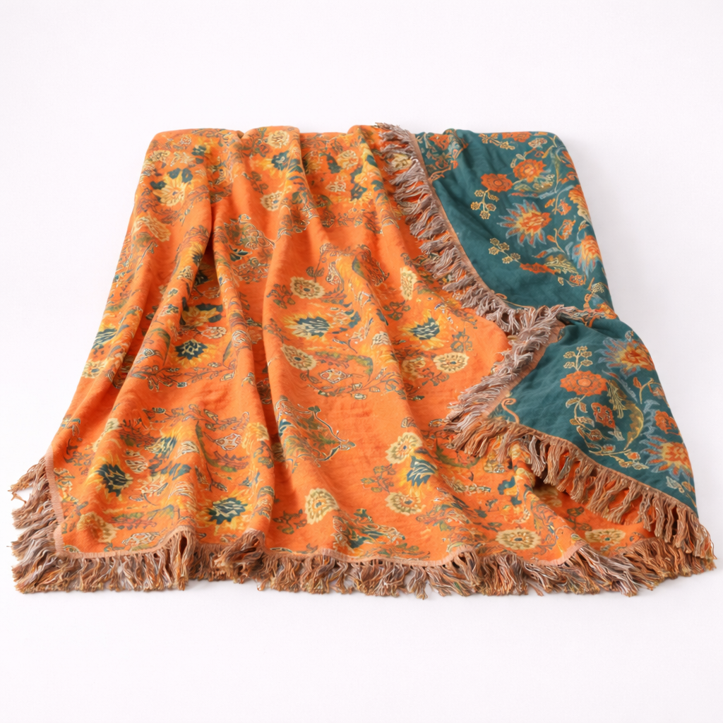 Vendbar dekorationsplaid med morgenfruemotiv