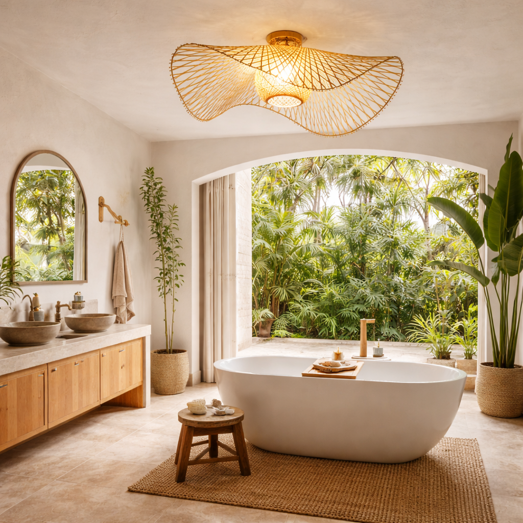 Ceiling Lamp With Woven Shade In Natural Style