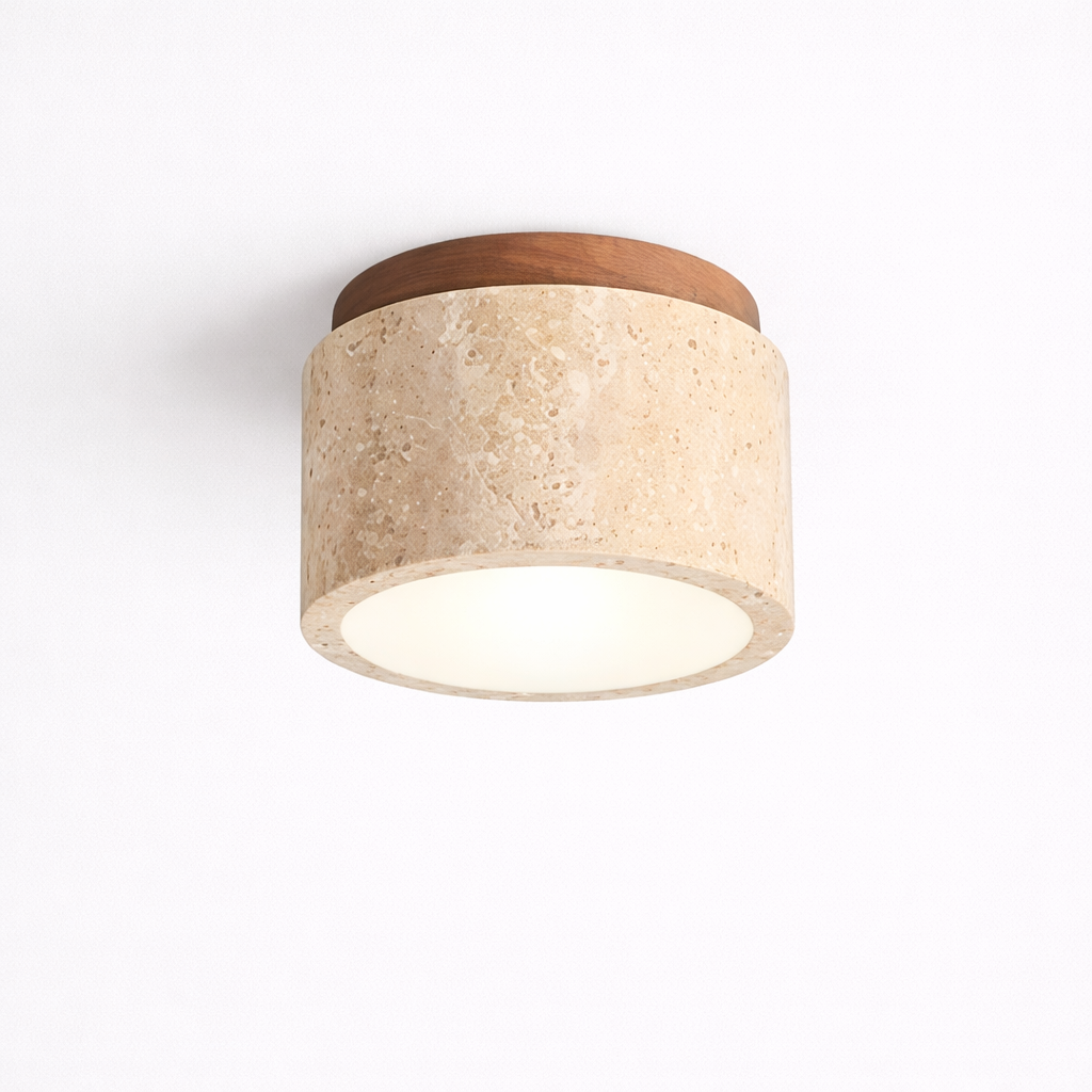 Cylindrical Ceiling Lamp with Travertine Look and Wooden Accent