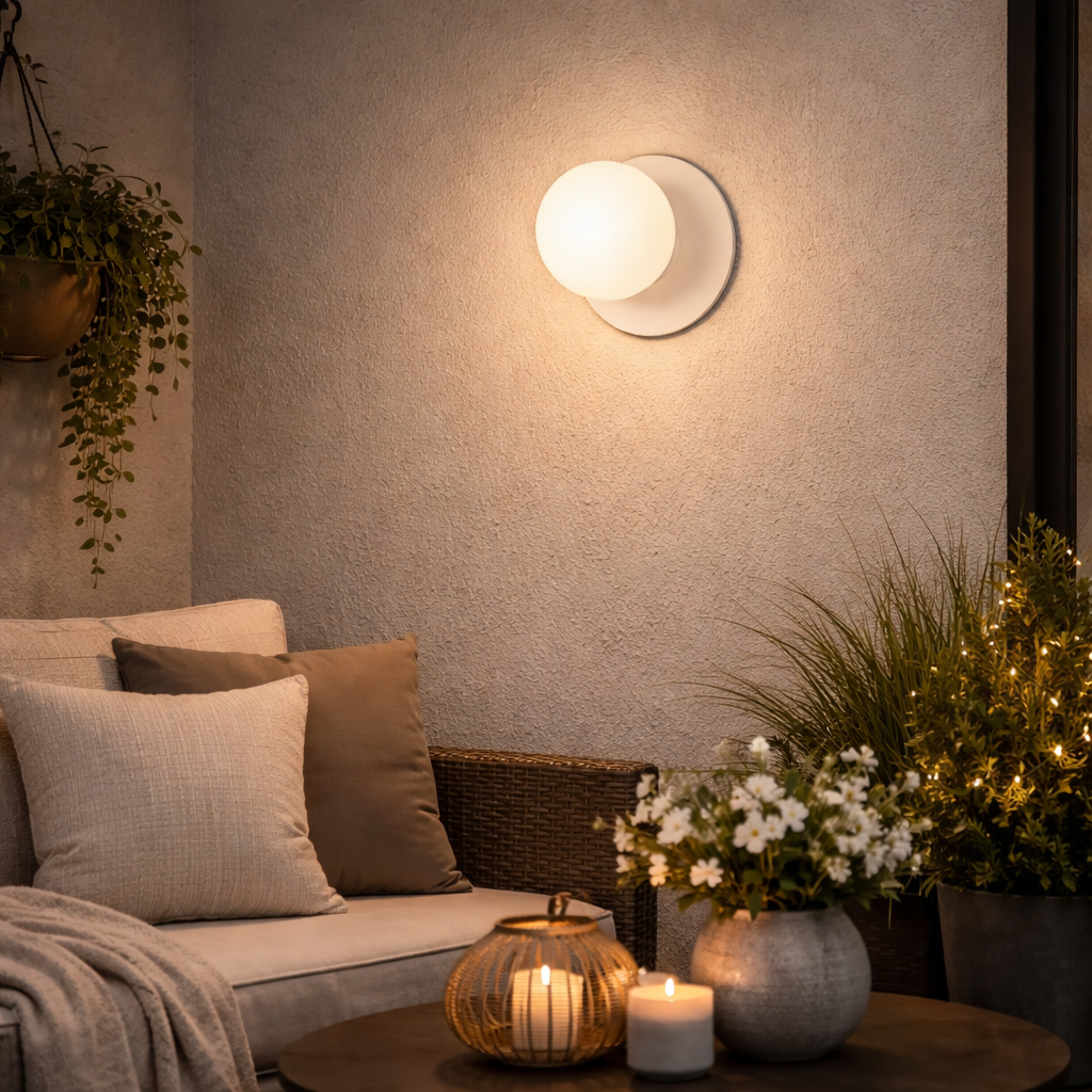 Round Wall Lamp With Opal Diffuser And White Base