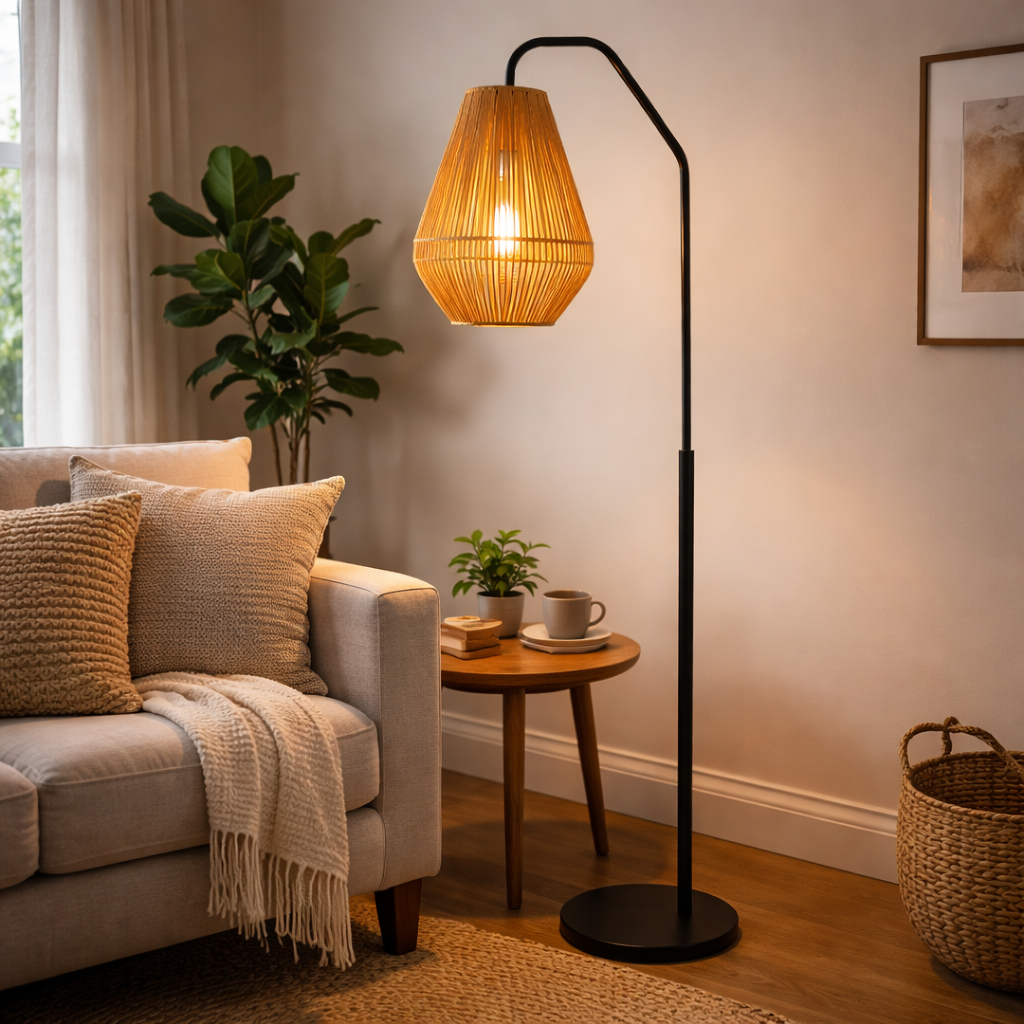 Vloerlamp Met Zwarte Voet En Gevlochten Lampenkap