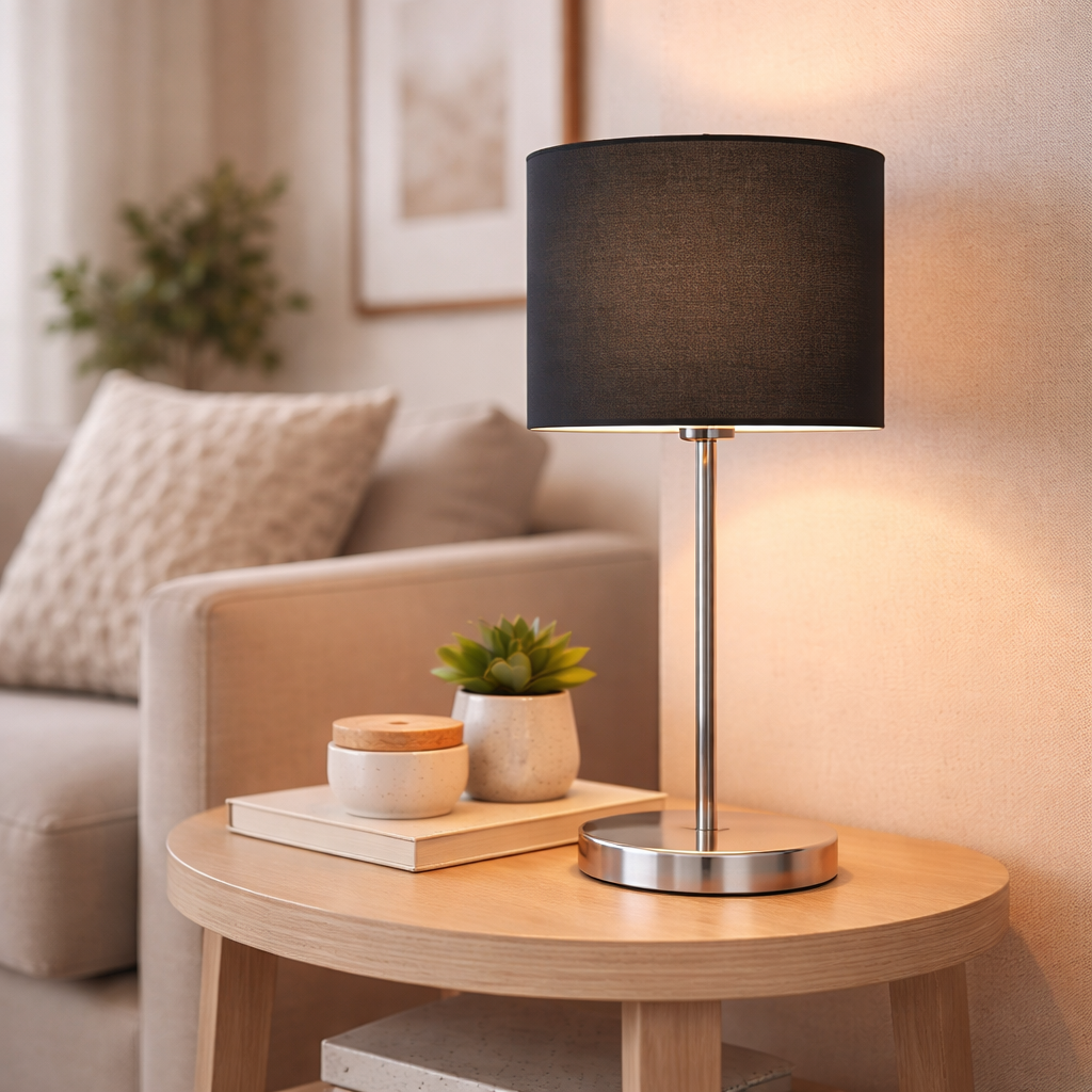 Gray Table Lamp With Chrome Accents And Classic Shade