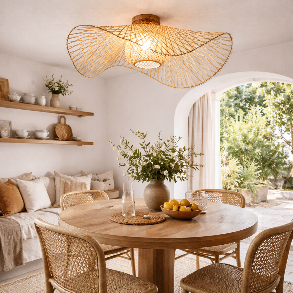 Ceiling Lamp With Woven Shade In Natural Style