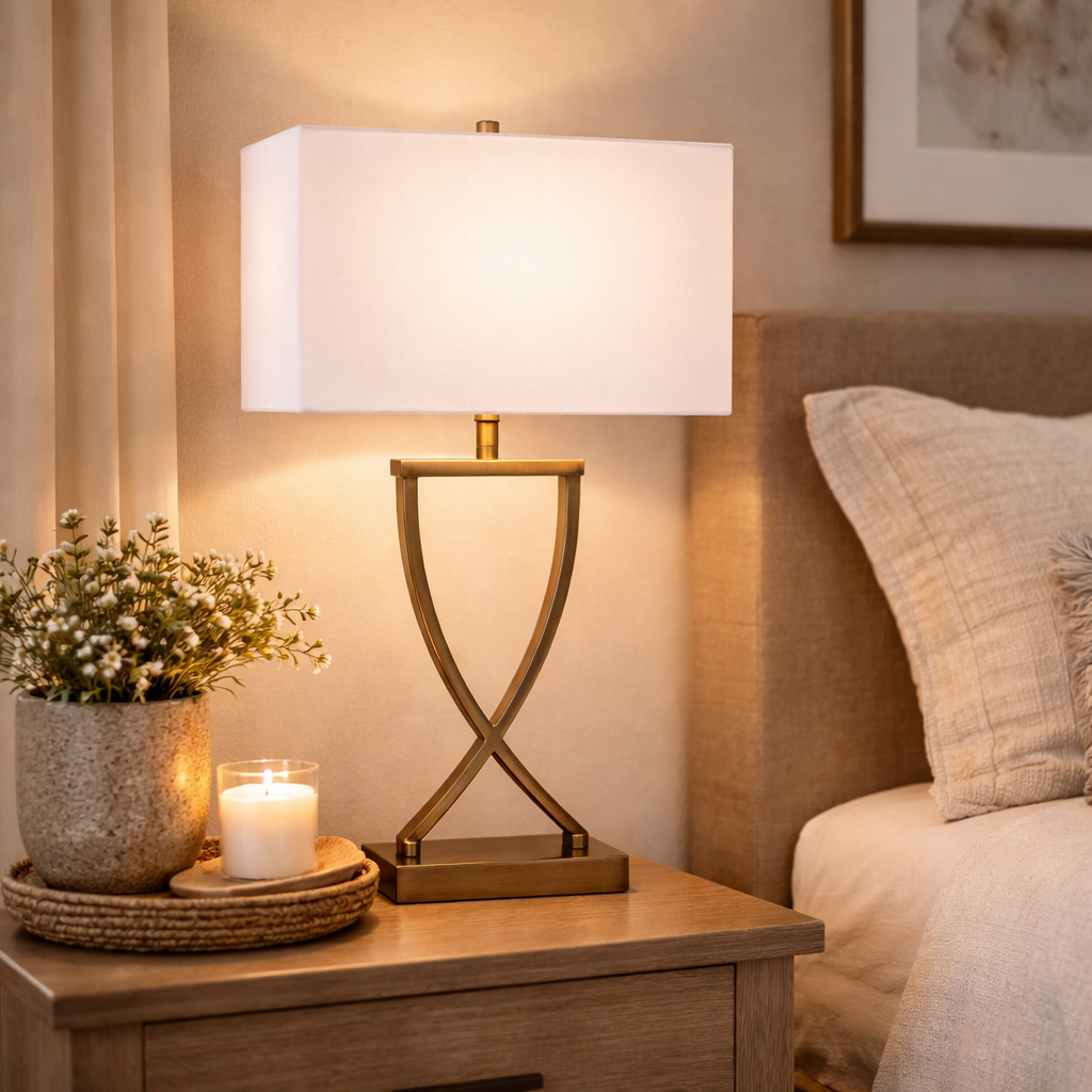 Tafellamp Met Messing Voet En Witte Lampenkap