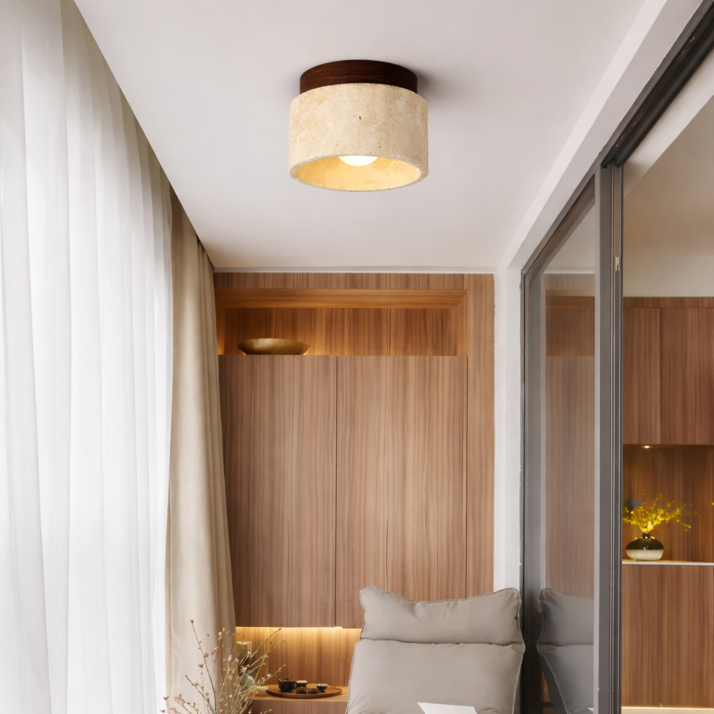 Cylindrical Ceiling Lamp with Travertine Look and Wooden Accent