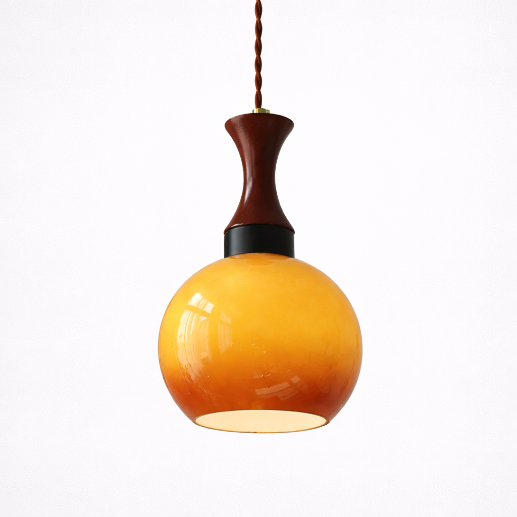 Vintage Pendant Lamp with Amber-Colored Glass Shade