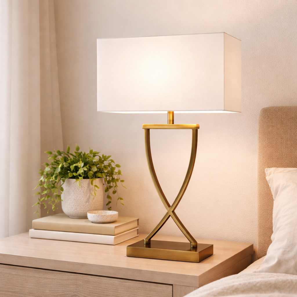 Klassisk bordlampe med messingbase og hvid skærm