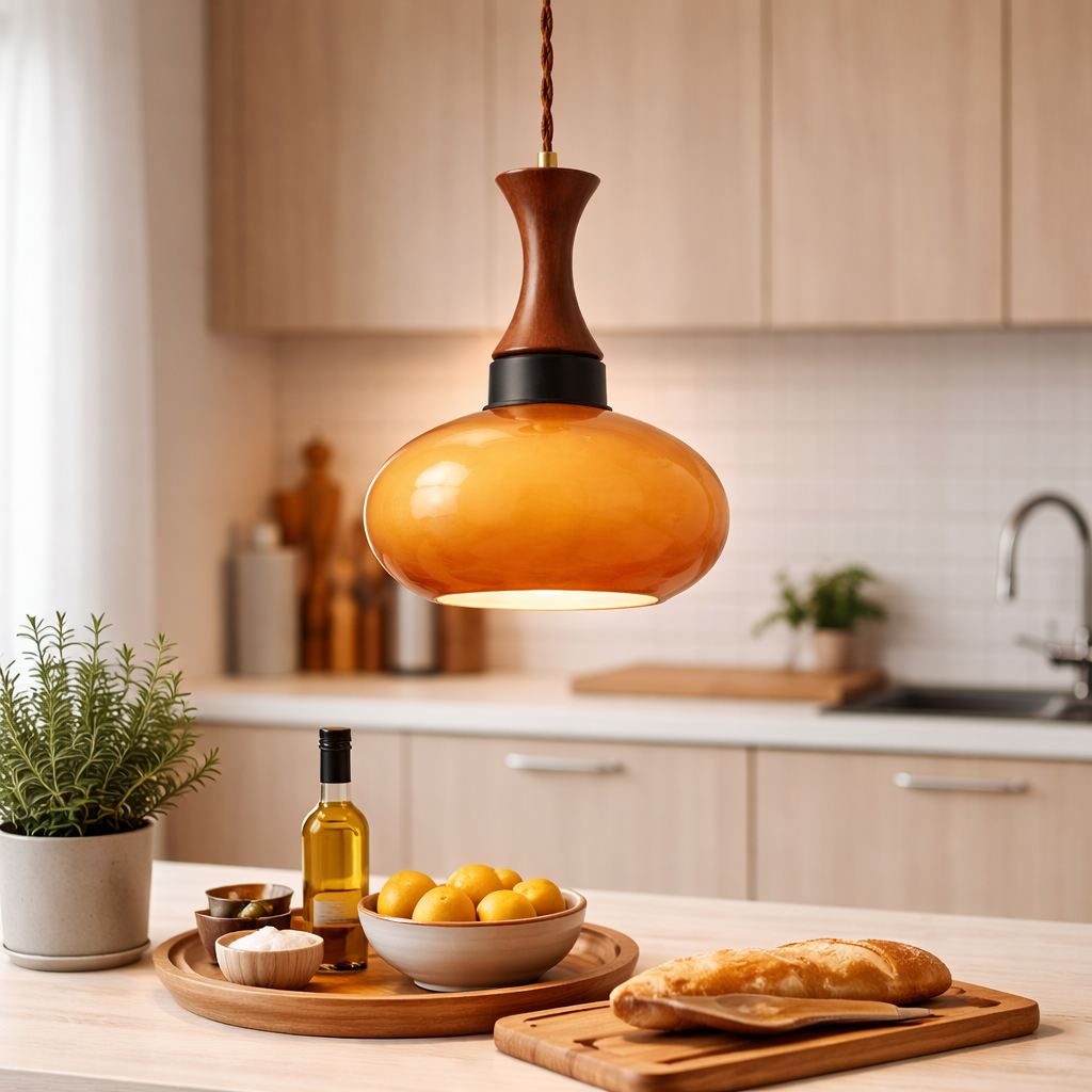 Vintage Pendant Lamp with Amber-Colored Glass Shade