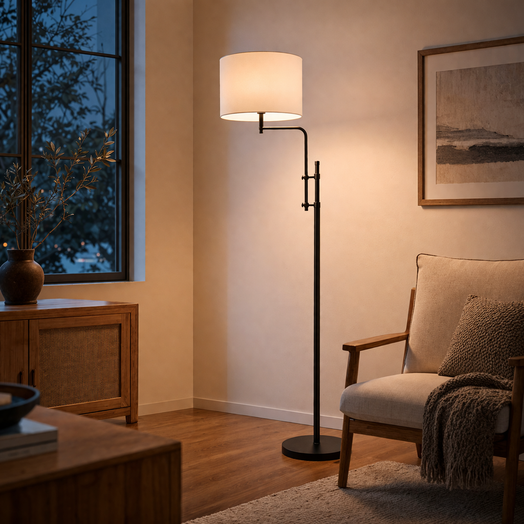 Black Floor Lamp With Natural Lampshade And Standing Base