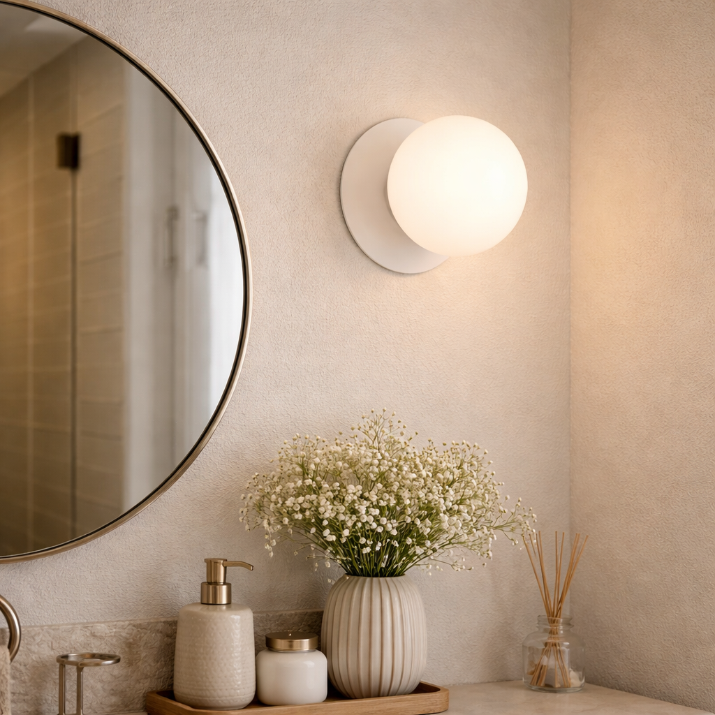 Round Wall Lamp With Opal Diffuser And White Base