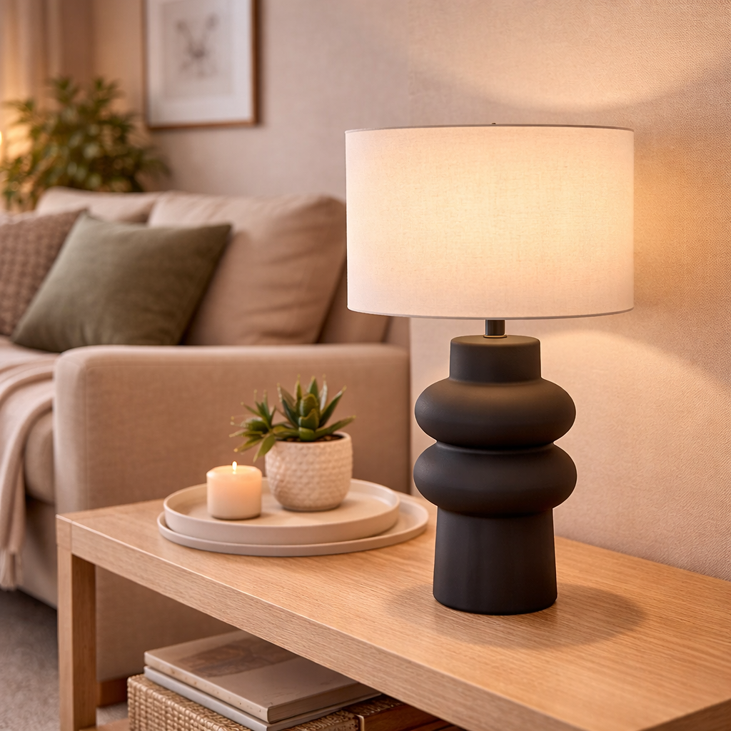 Keramisk Bordlampe Med Klassisk Fod Og Lampeskærm