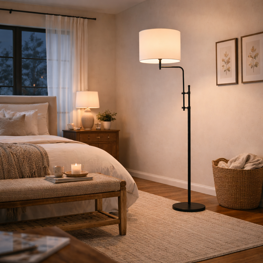 Black Floor Lamp With Natural Lampshade And Standing Base