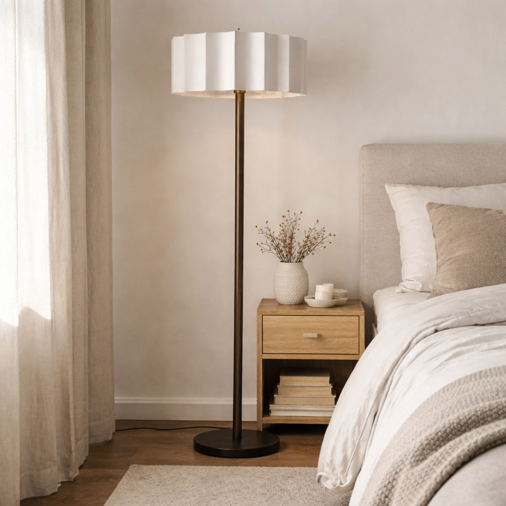 Lampadaire avec pied élancé et source lumineuse ciblée