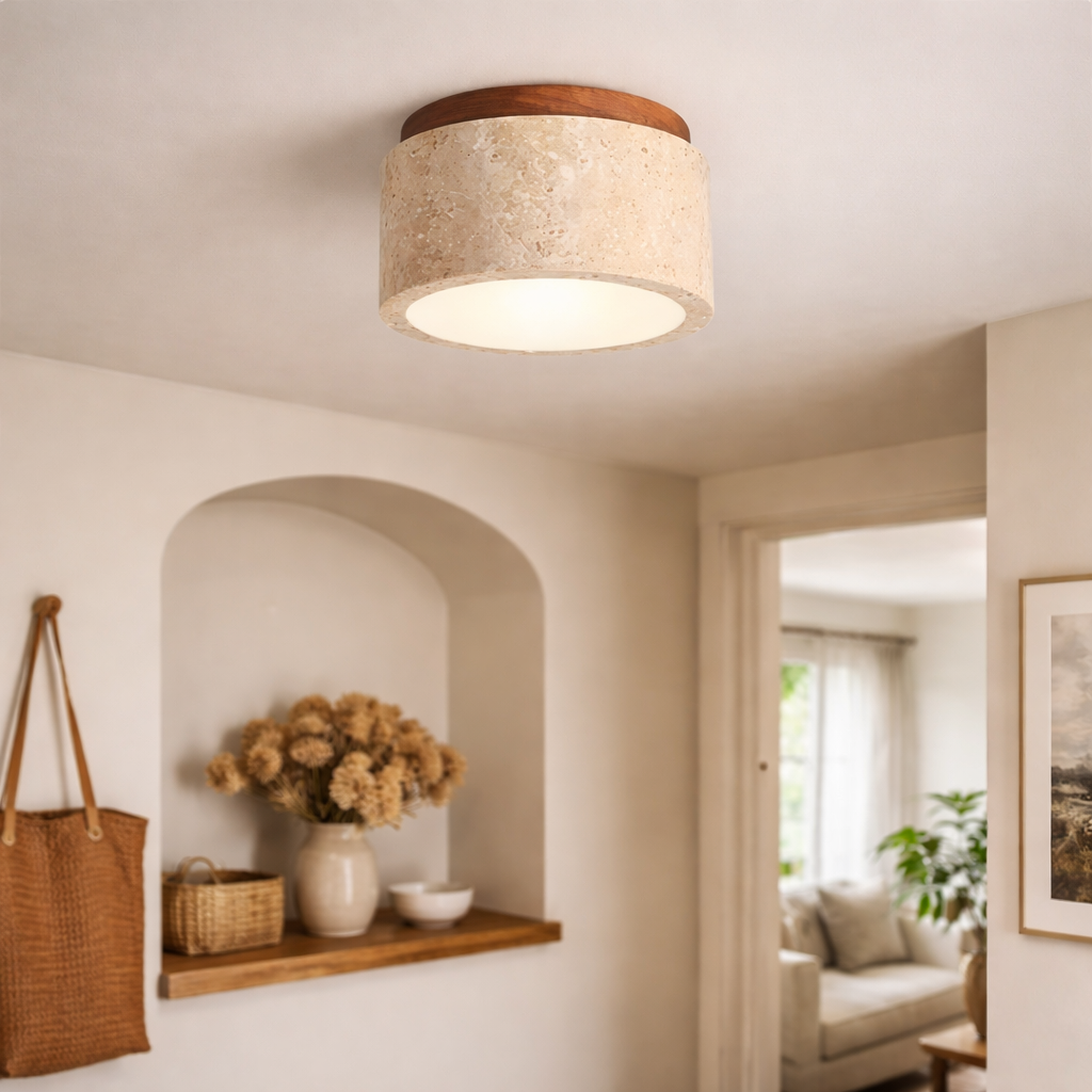 Cylindrical Ceiling Lamp with Travertine Look and Wooden Accent