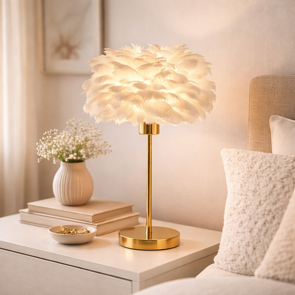 Table lamp with white feathers and golden base 60 cm