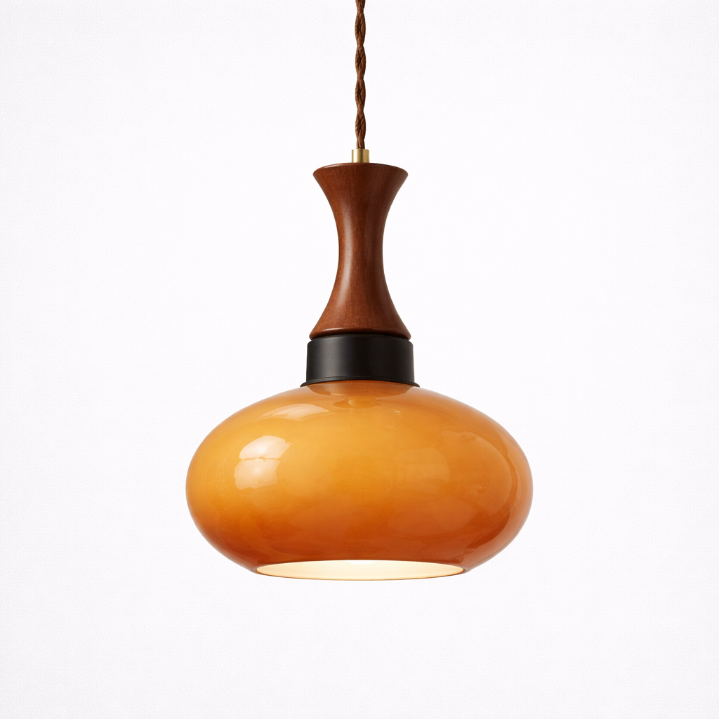 Vintage Pendant Lamp with Amber-Colored Glass Shade