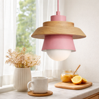 LED pendant lamp with wooden and metal accents