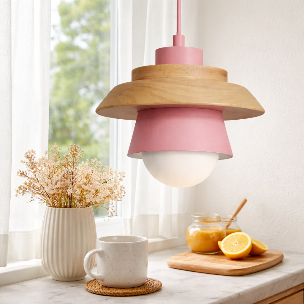 LED pendant lamp with wooden and metal accents